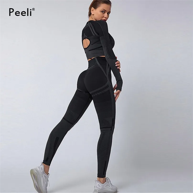 Peeli 2 pc Sportset SEO Naadloze Yoga Sportpak voor Dames Lange Mouw Gym Crop Top Hoge Taille Leggings Fitness 210802