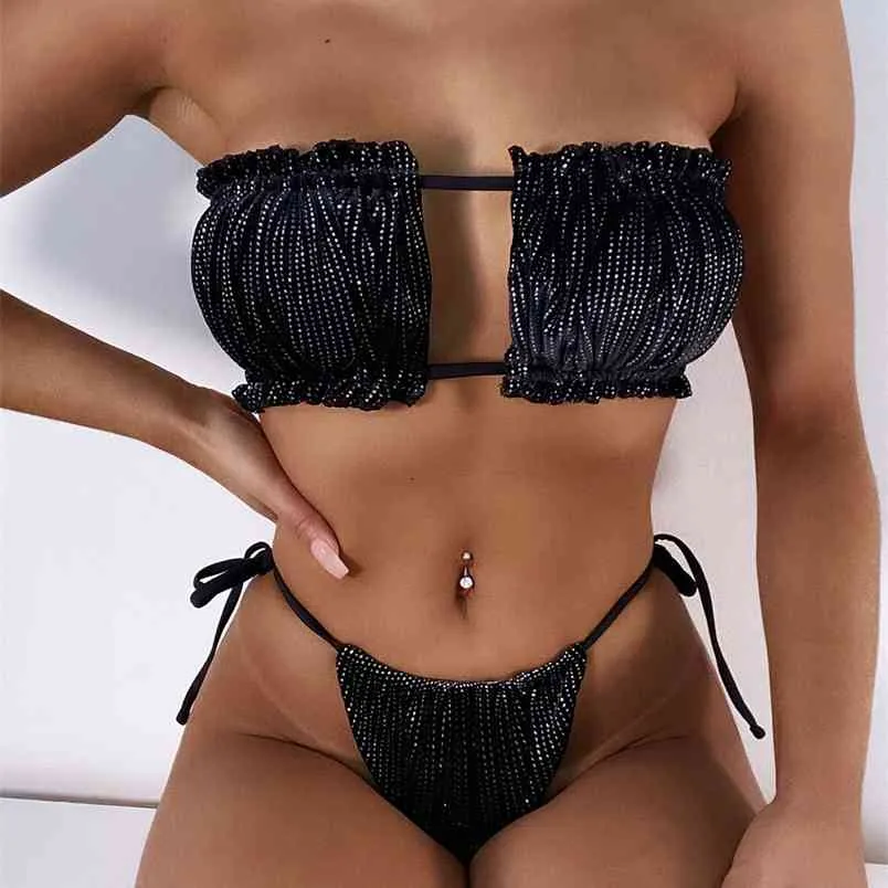 Hollow Out Bandage Ruched Bandeau Bikini Sexig Svart Super Micro Backless Low Cut Thong Baddräkt Kvinnor 2 stycken Brasilianska 210604