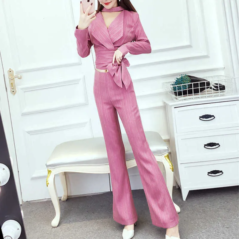 Women's two-piece pants jacket Summer style slim strappy short ladies blazer Casual high waist flared trousers 210527