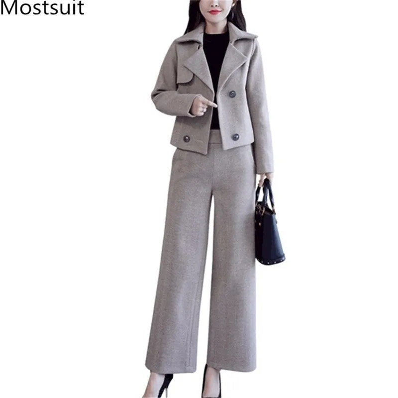 Autumn Fashion Workwear Two Piece Sets Outfits Women Double-breasted Coats + Wide Leg Pants Suits Elegant Ladies Female Set 210513
