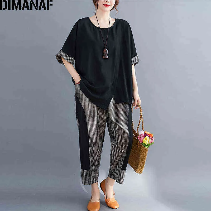 Dimanaf Summer Women Two Piece Set Suit Vintage Plaid Casual Loose Lady Långbyxor Passar Kortärmad Kläder Oversize 211118