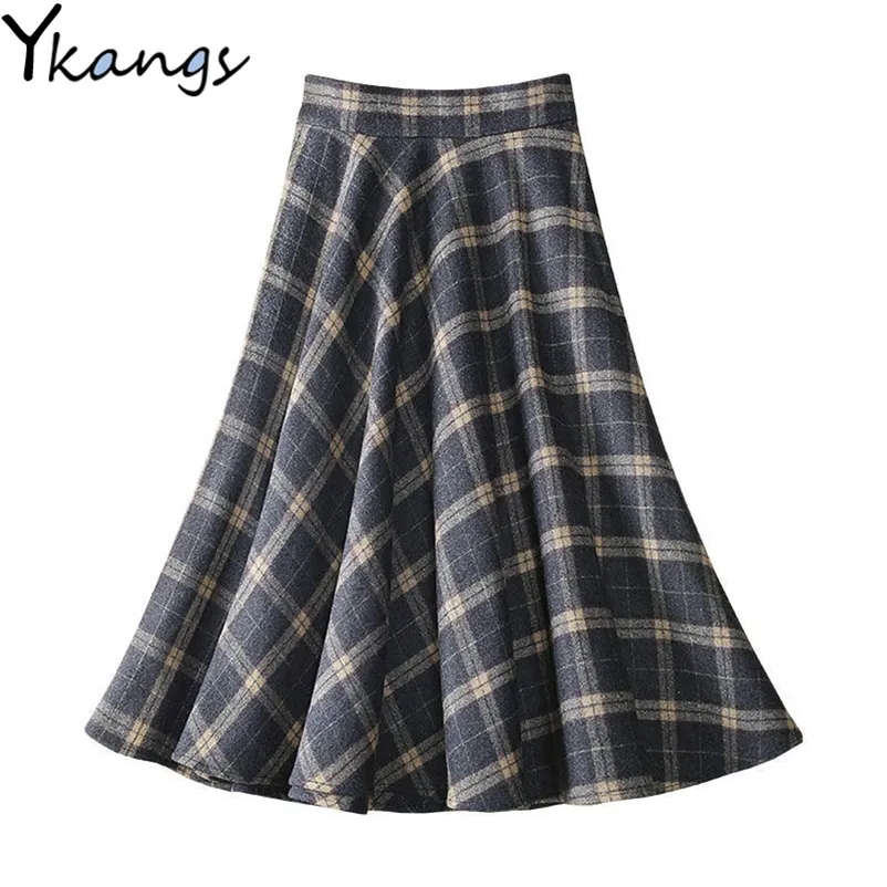 Womens Herfst Winter Warm Plus Size 4XL Wol Rokken Elegante Koreaanse stijl Plaid Hoge Taille Lange Rok Kantoor Dames Kleding 210421