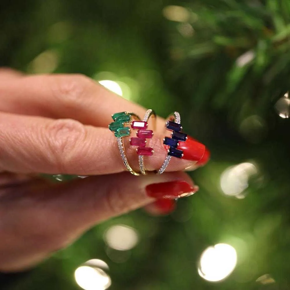 Bague simple cz couleur or baguette vert bleu rouge zircon cubique empilant minimal joli doigt bijoux X0715