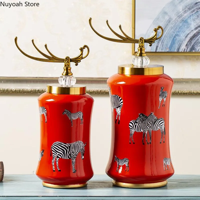 Vazen Nordic Red Ceramic Vaas Ornamenten Zebras Dier Ginger Jar Woonkamer Gedroogde bloemen Bloemstuk Accessoires