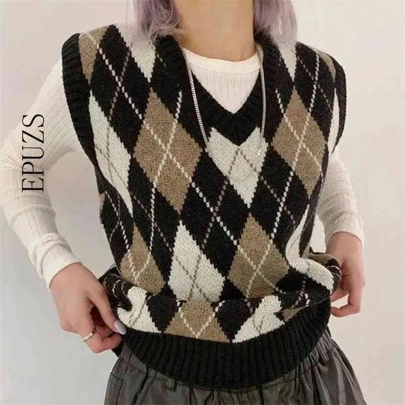 Vintage luźna kamizelka kratki sweter kobiety bez rękawów dzianiny dorywczo wiosna 210521