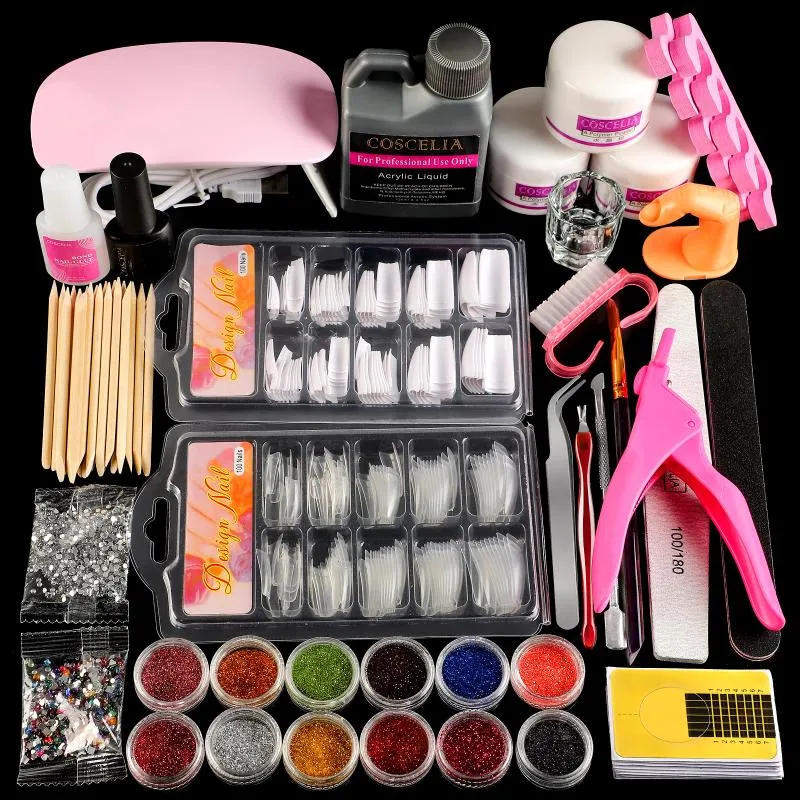 Kit de unhas acrílicas com lâmpada LED UV conjunto de manicure completo ferramentas de arte em pó líquido glitter tudo para kits