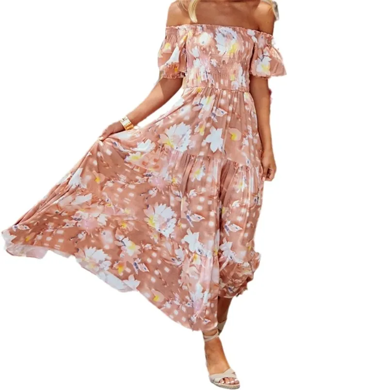 Women Dress Slash Neck Off Shoulder Maxi es Chiffon Printed Bohemian High Waist Large Hem Long Sexy es 210513