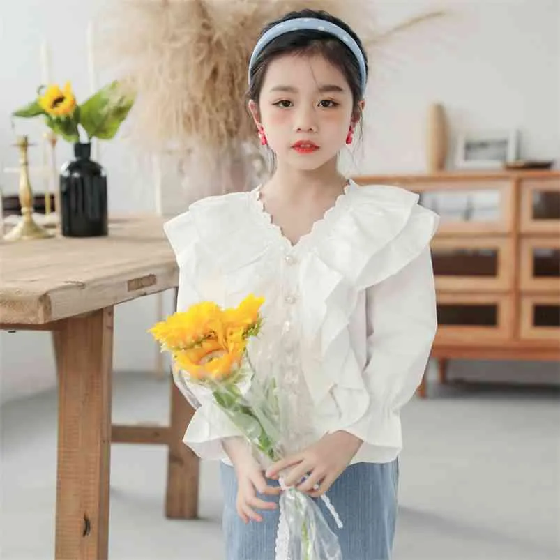 Toddler Girl Puff Sleeve Top Children Clothes Cotton Turn-down Collar Shirts for Girls Spring Fall Kids Blouses 8 To 12 210622