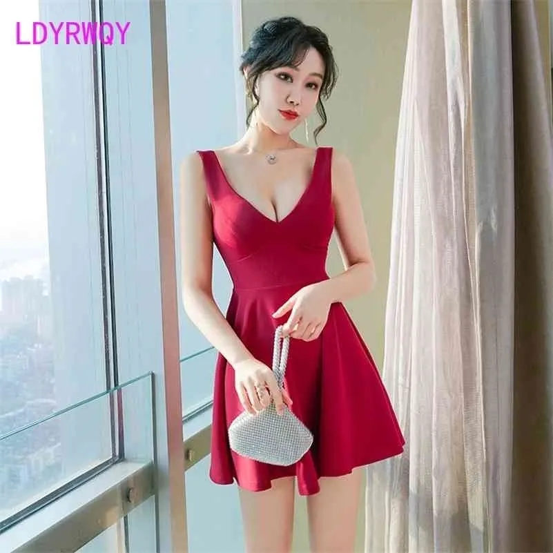 LDYRWQY Night market women's sexy fashion low-cut slim bar dress Knee-Length Regular V-Neck Polyester 210416