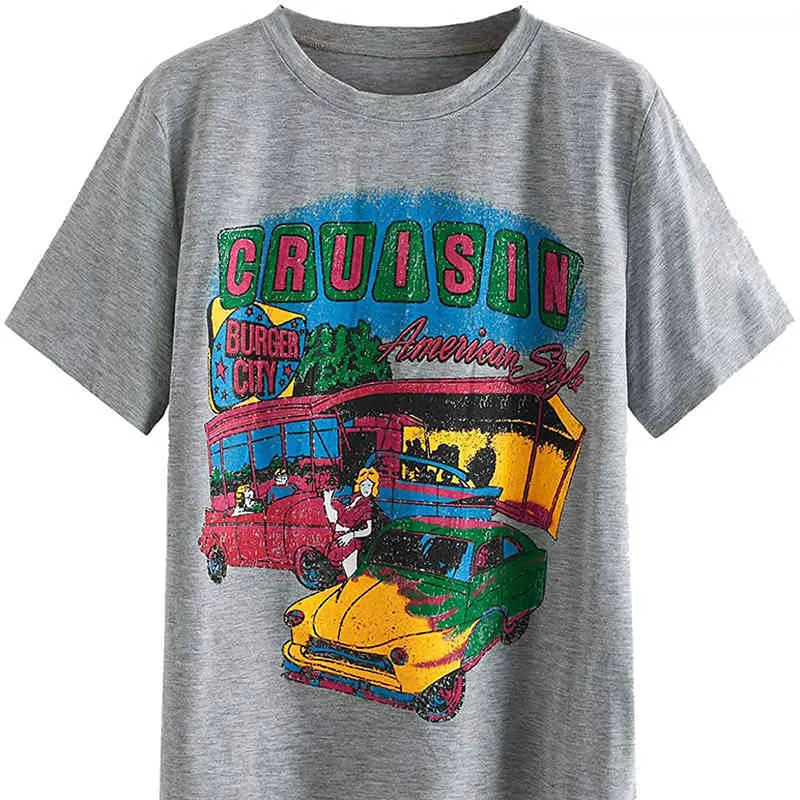 Cruisin Car Printed Summer Moda Tumblr Lokomotywa Styl Harajuku Cool Grunge Hipster 70s Vintage Kobiety Tee T-shirt 210518