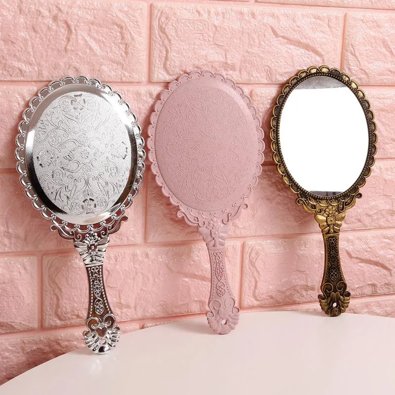 Miroirs haute définition à la main en verre rétro motif vanité miroir de maquillage éclairé style coréen princesse poignée portable compacte RH5813