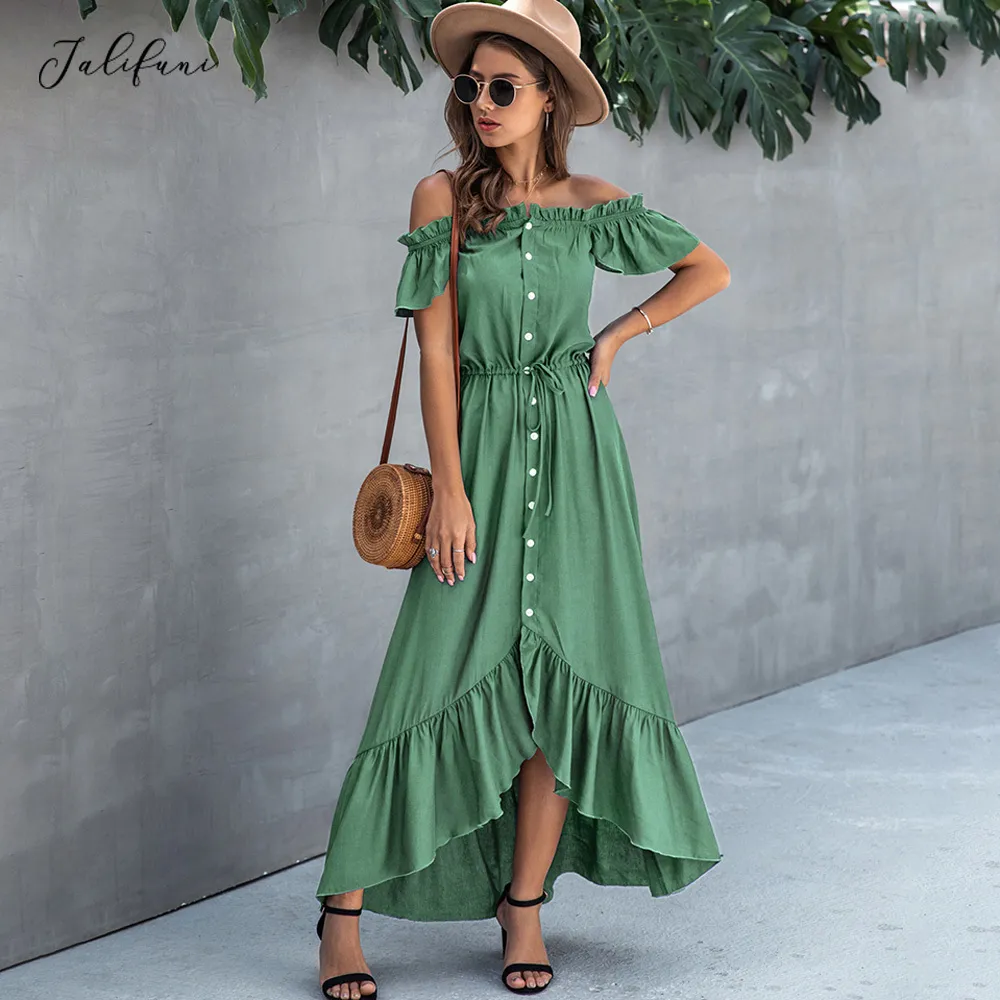 Women Robe Elegant Off Shoulder Long Dress Strapless Backless Ruffle Summer Sundresses Casual Ladies Fitted Maxi Clothing 210415