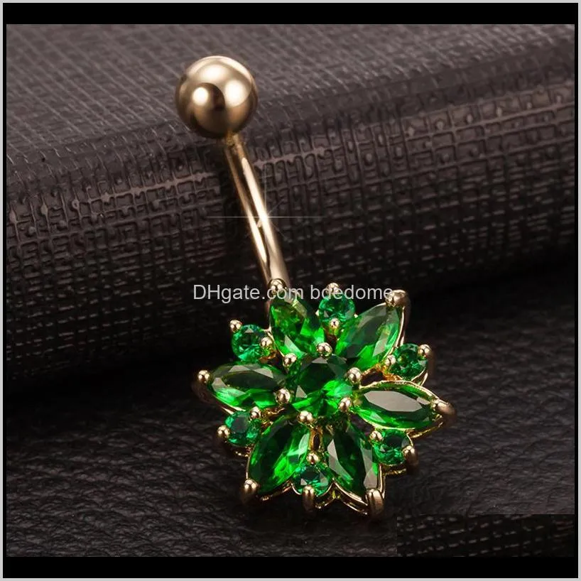 luxury earrings in navel 316l stainless steel green flower crystal navel bars gold belly button ring piercing jewelry