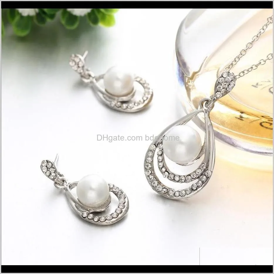 jewelry sets earring necklace plastic pearl zinc alloy accessory with crystal diamond pendant gold silver plated metal chain