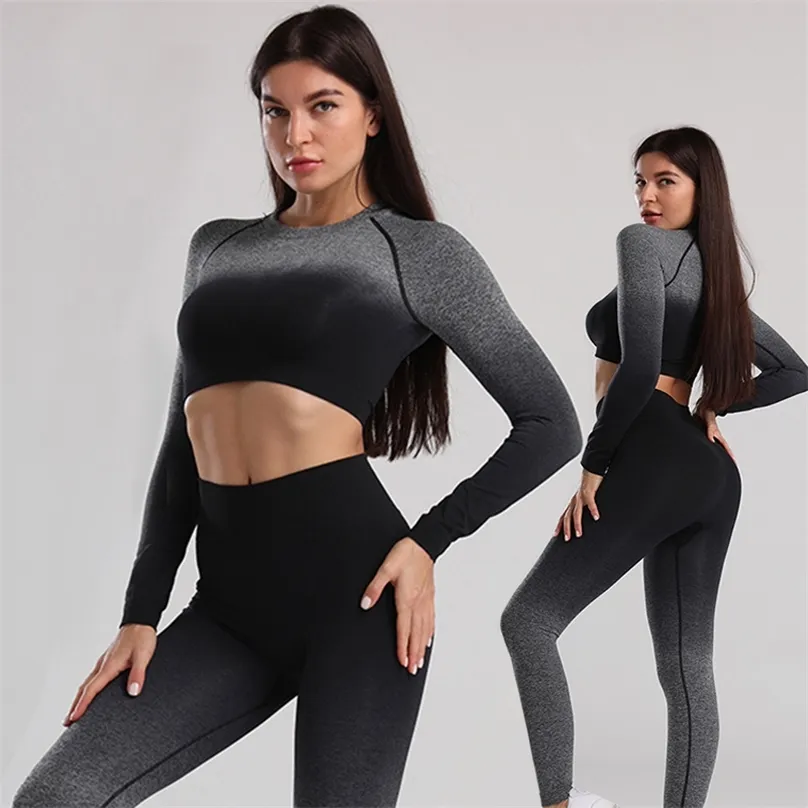 Yoga set kvinnliga sport kostym kvinnor sportkläder gröda topp outfit fitness atletisk slitage gym sömlös färg träning kläder till tjej 210802