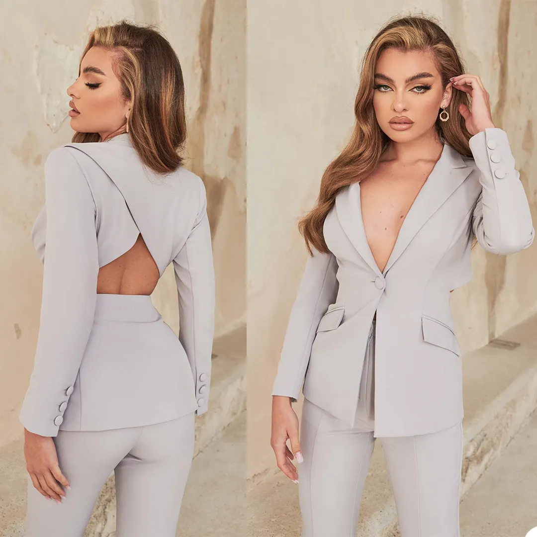 Summer Blazer Attiti Sexy Hollow Back Sera Party Flares Pantaloni Vestito Tuxedos Madre della sposa Abbigliamento formale Abbigliamento 2 pezzi