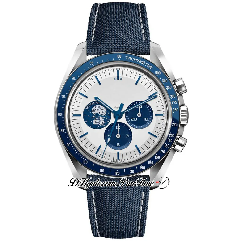 42mm Miyota Quratz Chronograph Mens Watch 310.32.42.50.02.001 Blå keramisk Bezel White Dial Nylone Strap Stopwatch Puretime I11A1