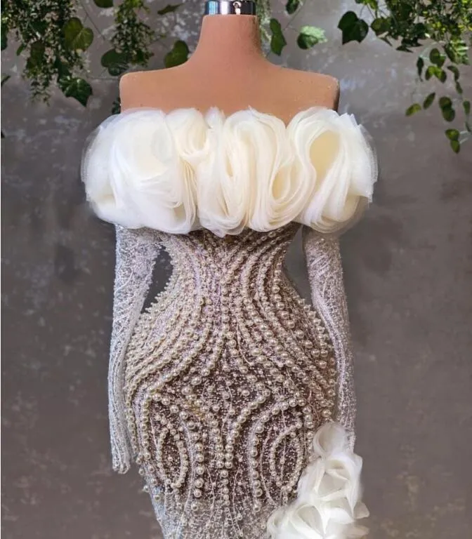 Afton klänning kvinnor tyg vit pärlor puffy ärm blomma applikationer lång av axel sjöjungfru golv längd Yousef aljasmi Kim Kardashian Kylie Jenner Kendal