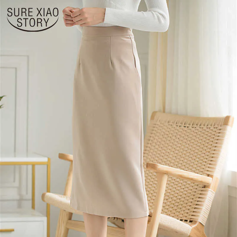 Été couleur unie simple élégant OL jupe professionnelle taille haute dos fendu jupe midi jupe en une étape jupe femme 9674 210527