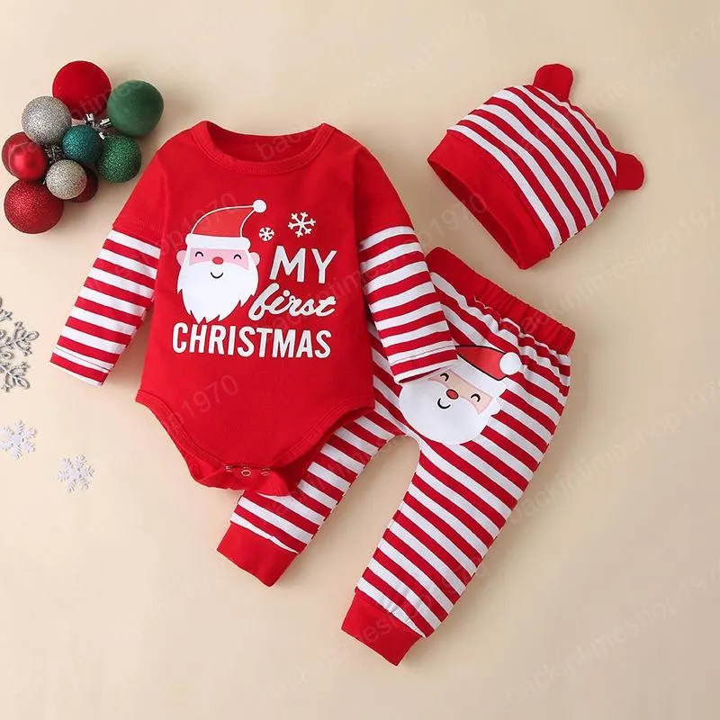 Weihnachts-Kleidungsset für Mädchen und Jungen, Strampler mit Buchstabenmuster + gestreifte Hose + Mütze, Herbst-Baumwolle, weiche Kinderkleidung, dreiteilige Sets, 0–24 Monate