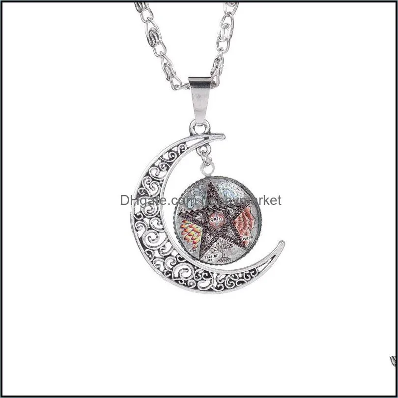 New Five-pointed star pendant necklaces Hollow Moon cabochons Glass Moonstone Pentagram necklace For women&Men witchcraft Jewelry