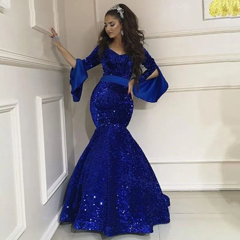 Sparkly Royal Blue Sequined Mermaid Prom Klänningar med Slit Poet Långärmad V Neck Kvinnor Formell Kvällar Aso Ebi 2022 Afrikanska Kvinnor Special Occasion Dress