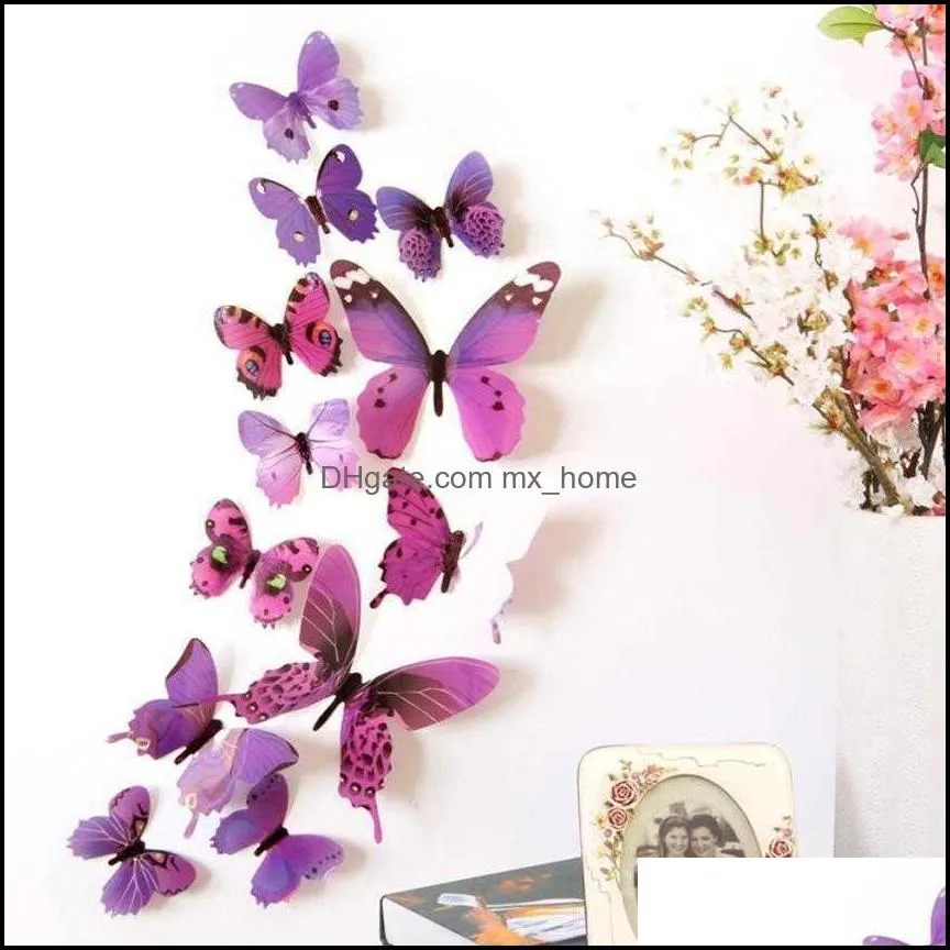 Wall Stickers Qualified 12pcs Decal Home Decorations 3D Butterfly Rainbow PVC paper for living JDW0