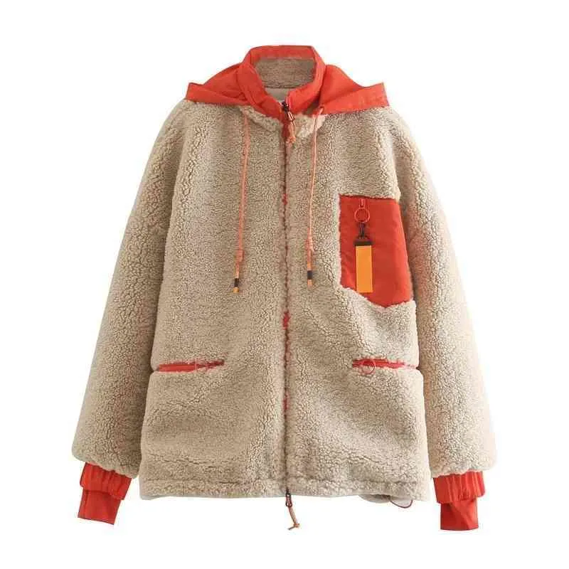 Winter Fashion Orange Pockets Stitching Losse Hooded Fleece Dikte Warm Dames Katoenen Jas 210521