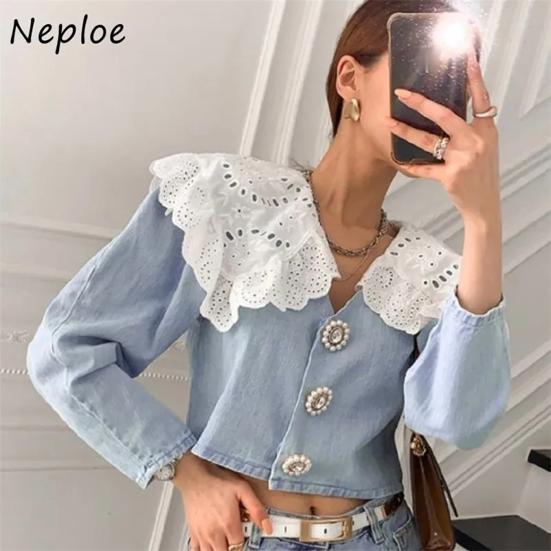 Elegante Lace Gancho Flower Blouse Mulheres Trabalho Estilo Ol Slim Fit Curto Blusas Peter Pan Collar Camisa de Manga Longa Feminino 210422