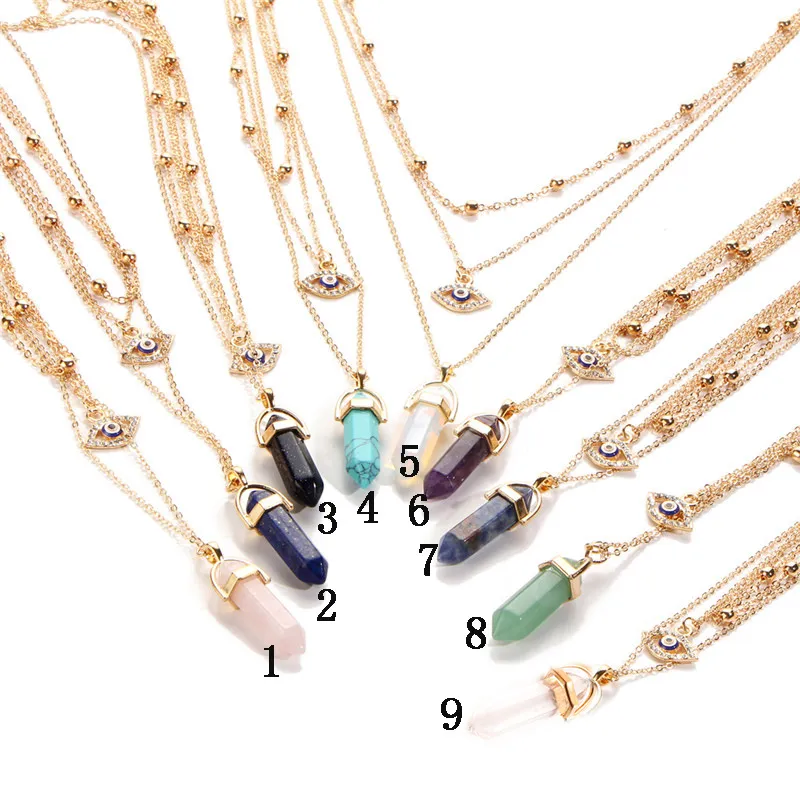 Bleu Mauvais Oeil Pierre Colliers Femmes Cristal Naturel Quartz Chakra Bullet Hexagonal Prisme Point Guérison Pendentif Perles Collier De Mode Multi Couches Ras Du Cou Bijoux