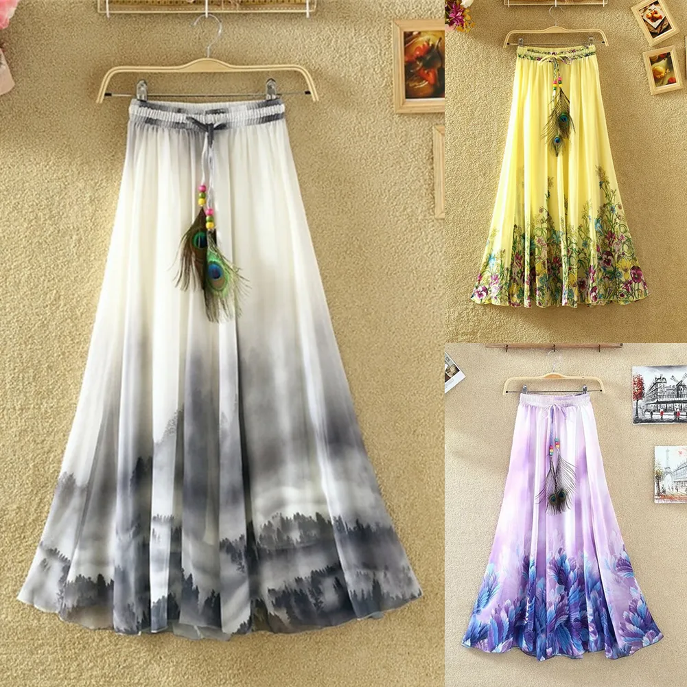 여름 해변 보헤미안 여성 시폰 꽃 인쇄 Drawstring Maxi 긴 스커트 도매 Dropshipping XXL 4XL 6XL