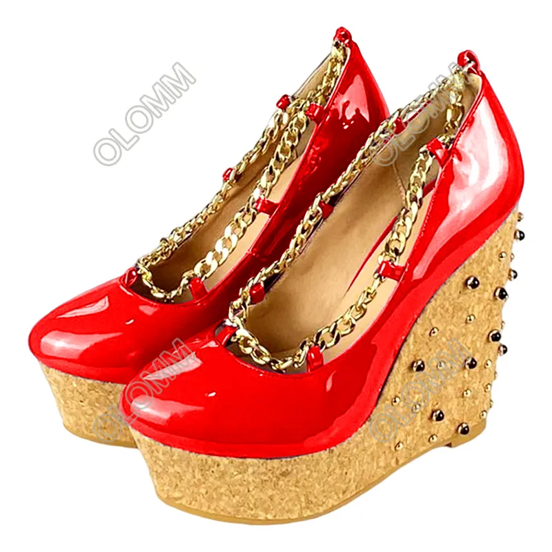 Olomm, zapatos de plataforma brillantes hechos a mano para mujer, tacones de cuña con tachuelas, punta redonda, 10 colores, zapatos de Club nocturno para mujer, tallas grandes de EE. UU. 5-20