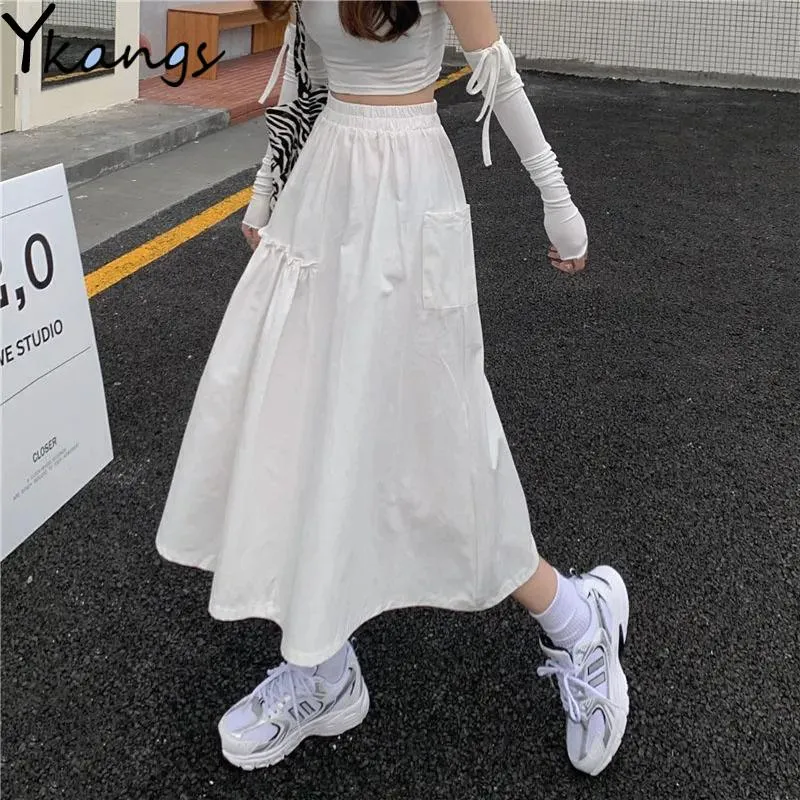 Jupes noires gothiques poches irrégulières jupe plissée cargo femmes blanc été harajuku longue pour filles coréen punk taille haute