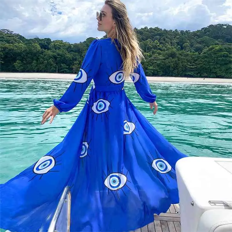 Tessuto confortevole di qualità eccellente Tessuto senza rughe Occhi azzurri Tunica in chiffon Vestito da spiaggia sexy da donna Indossare il costume da bagno Cover Up D3 210714