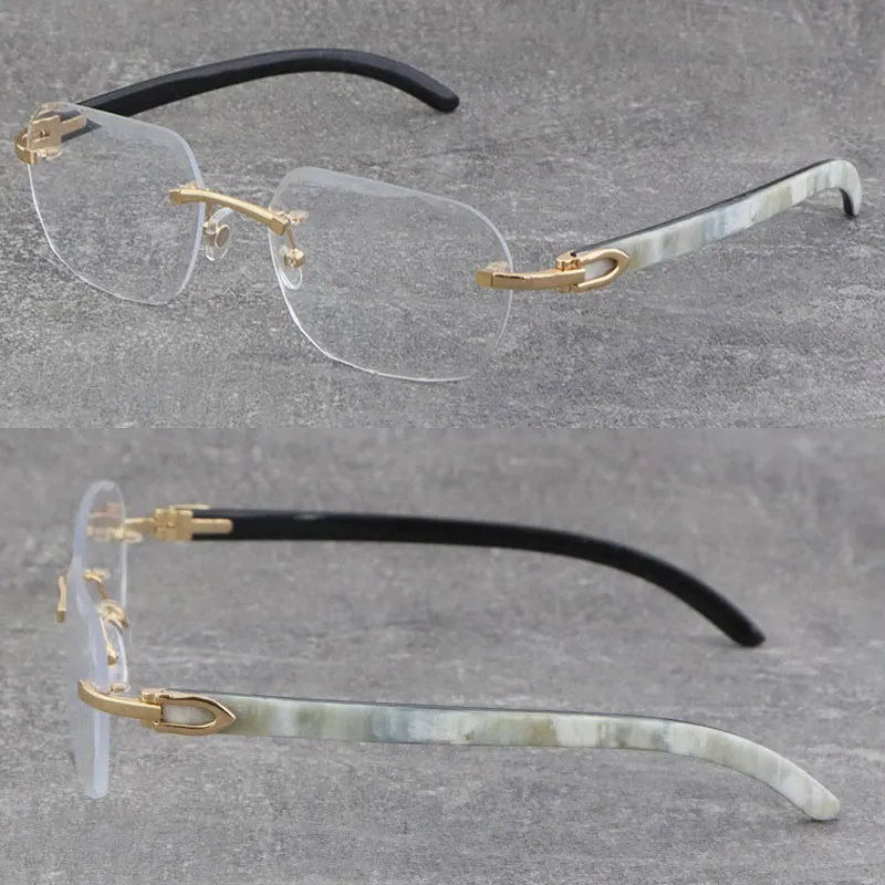 Herren- und Damenrahmen, innen weiß, schwarzer Büffelhornrahmen, optisch, für Herren und Damen, Original-Holzbrillen, 18-Karat-Goldrahmen, randlose Unisex-Brillen, Größe: 58–18–140