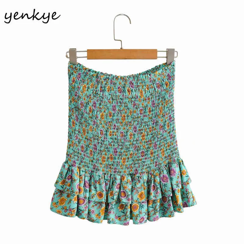 Floral Print Holiday Boho Kjol Kvinnor Elastisk Hög Midja Hem Ruffle Mini Sommar Bomull Jupe Femme 210430