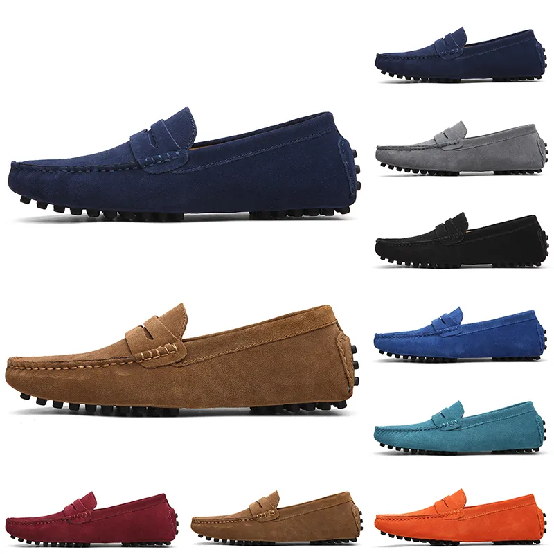 Fashion Non-Brand men casual suede shoes black light blue red gray orange green brown mens slip on lazy Leather shoe 38-45