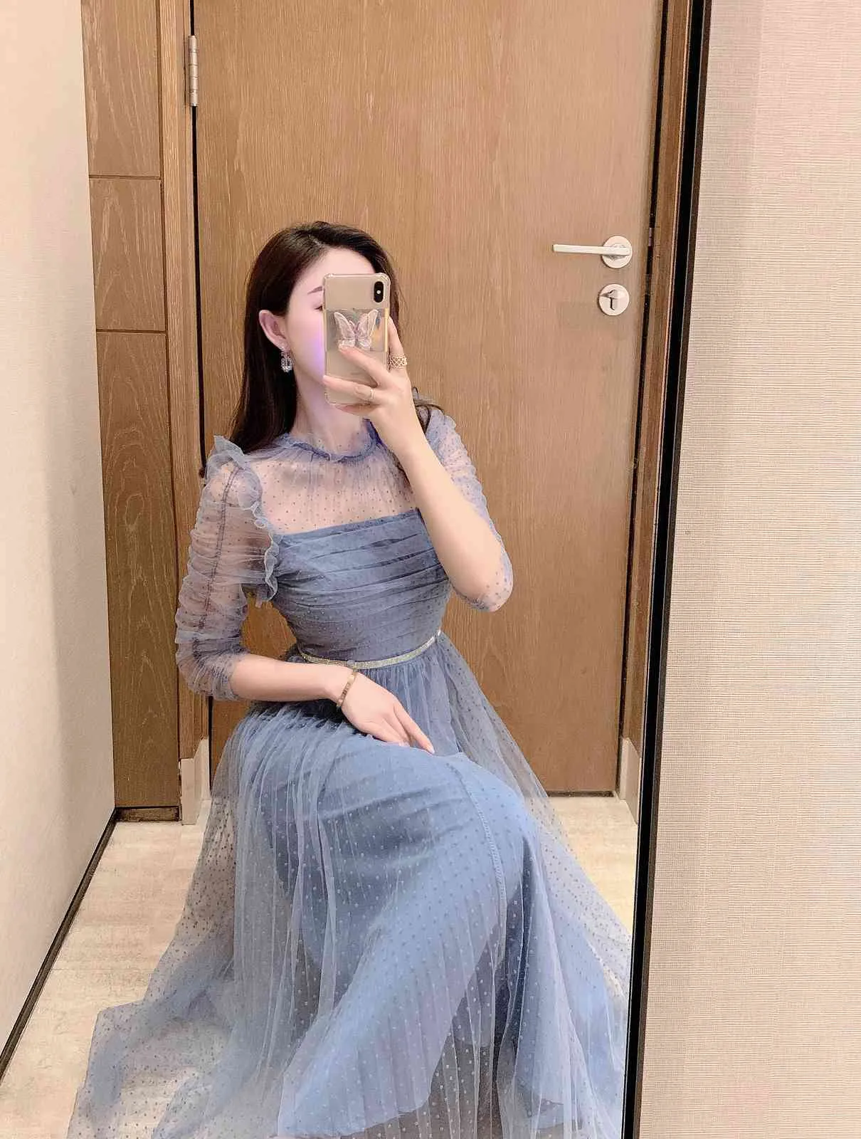 Summer Polka Dot Mesh Dress Women Sexy See-Through Half Sleeve Beading Belt  High Waist Mid-Calf Pleated Dress from Dhgate Basic & Casual Dresses -  price 68.43