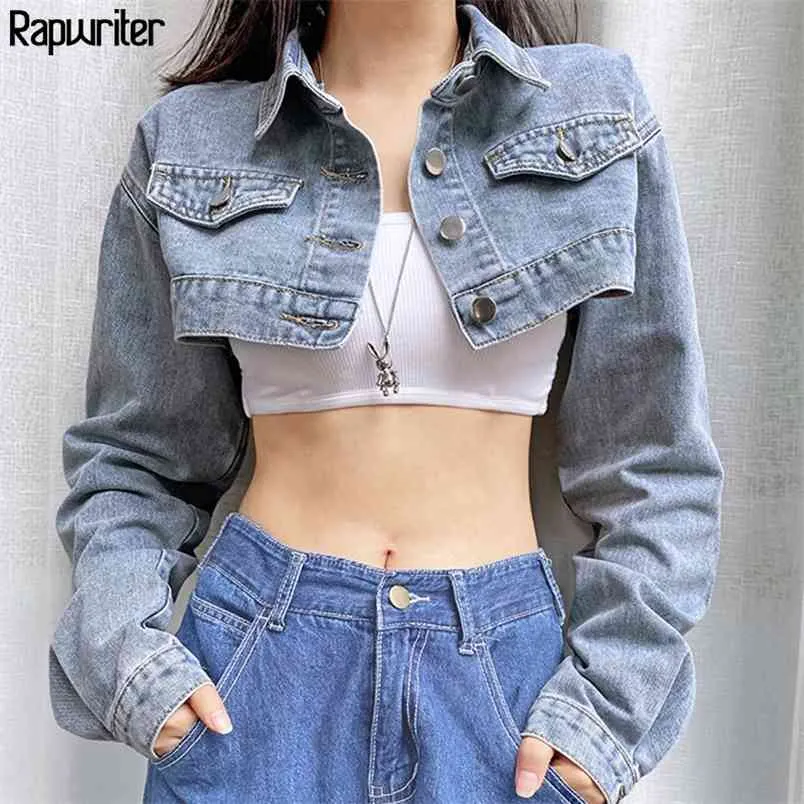 Vintage Bomber Short Jeans Jacket Women Autumn harajuku Y2K Long Sleeve Button Demin Coat Cropped Top Streetwear 210510