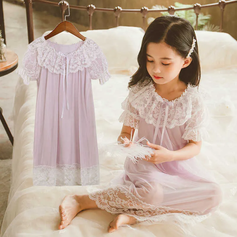 Girls Nightdress Lace Sleepwear Pajamas Spring Summer Kids Nightgown  Children Night Flower Dress Size 12 10 8 6 5 4 Years 210908 From Dou08,  $15.53