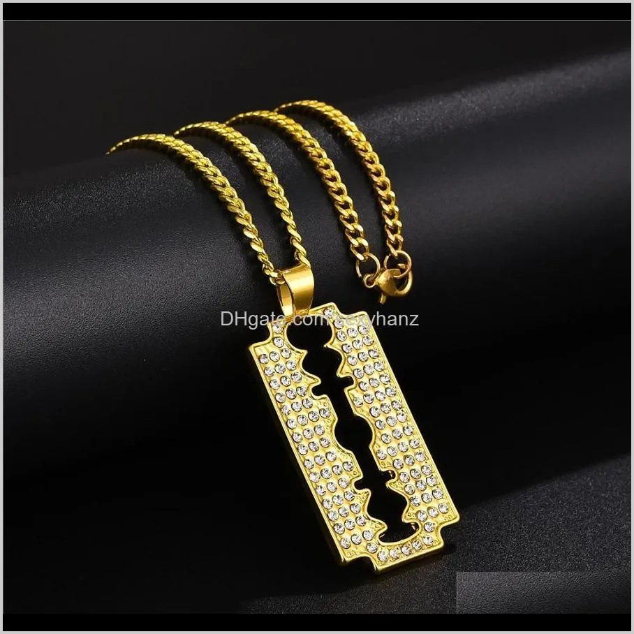 fashion men iced out blade pendant necklace hip hop jewelry full rhinestone design 18k gold plated 60cm long chains punk necklaces for