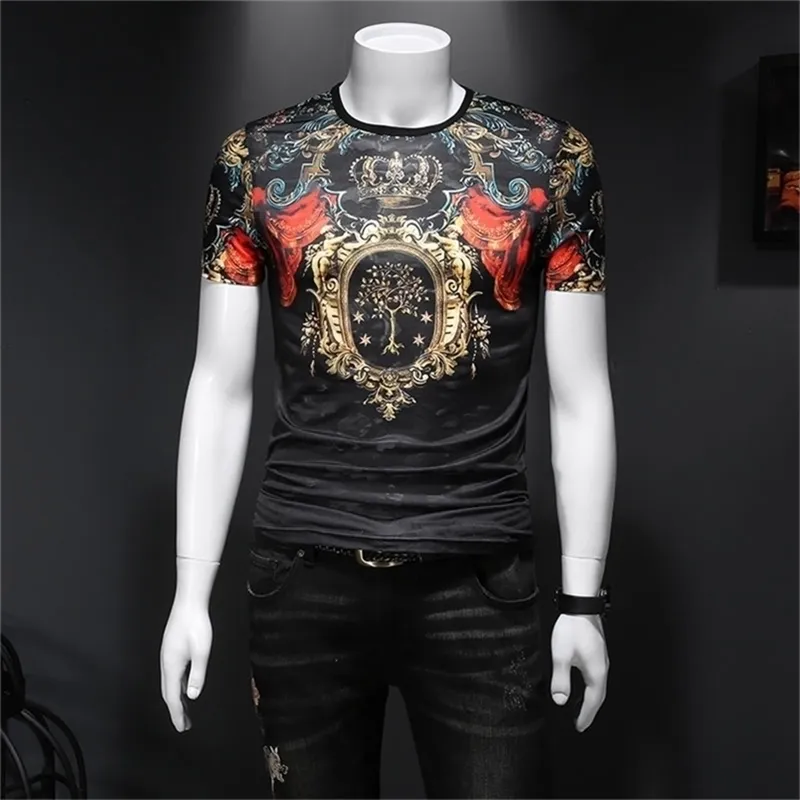 Luksusowy barokowy tshirt dla mężczyzn czarny złoty druk męska moda koszulka homme wysokiej jakości okrągły dekolt koszulka z krótkim rękawem 210716