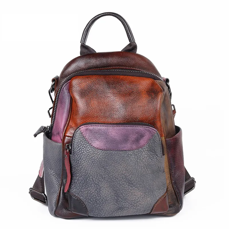 Cowhide retro stil kvinnor äkta läder ryggsäck liten packsäck för skolkvinnlig student casual ryggsäck påse mochila