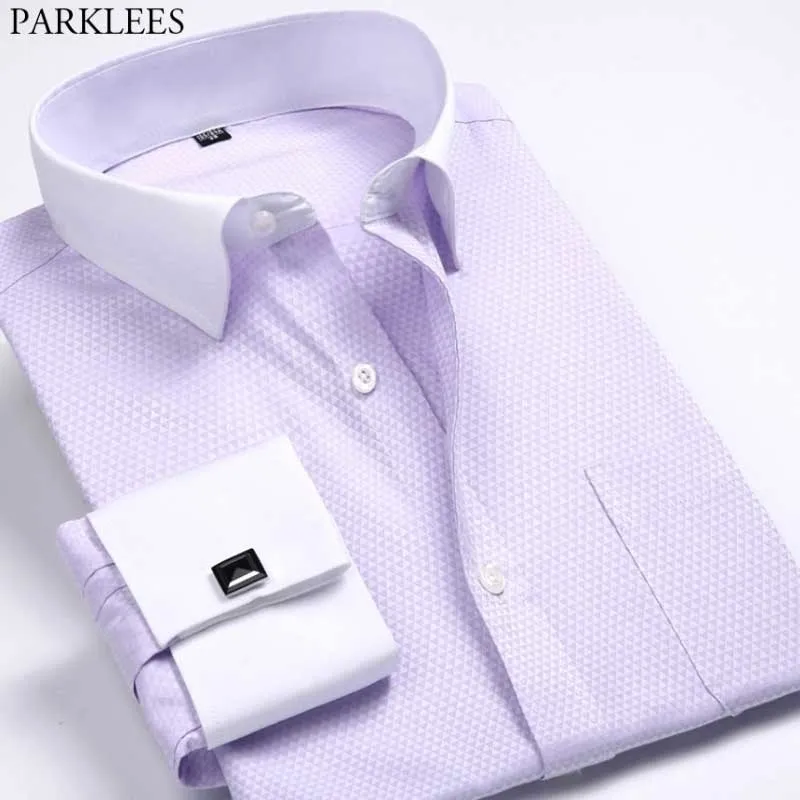 Légère violette Française Bouffon Tunedo Chemise Hommes Slim Fit Manches Longues Mens Hommes Robe De Mariage Entreprise Formelle Tuxedo Chemises Chemise 210522