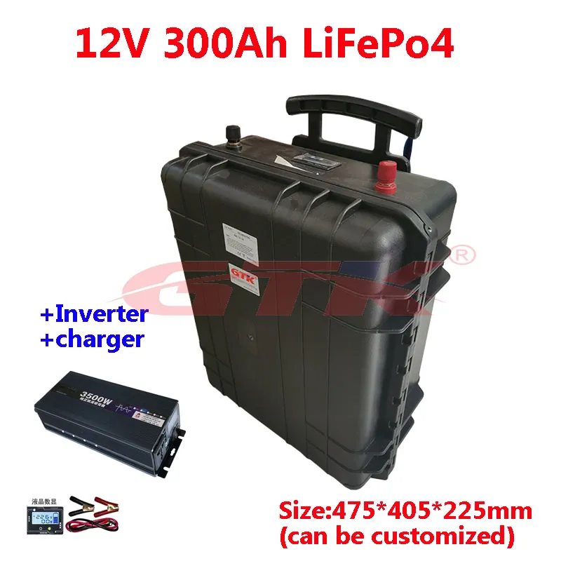 Batterie au lithium GTK Lifepo4 12V 300Ah BMS intégré avec onduleur à onde sinusoïdale pure pour camping-cars à énergie solaire UPS RV + chargeur