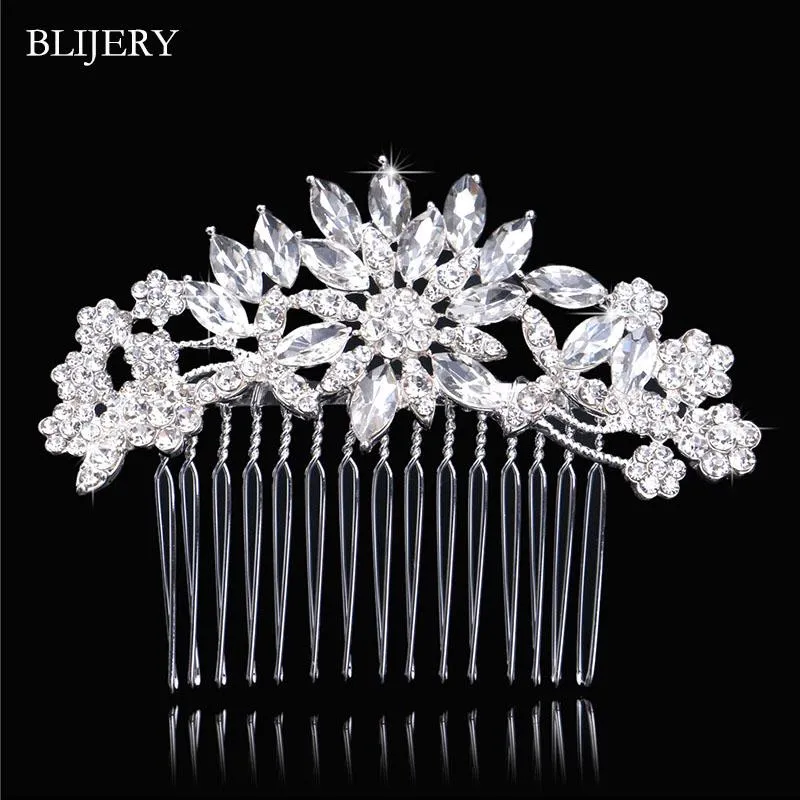 Hair Clips & Barrettes BLIJERY Sparkly Siver Color Rhinestone Crystal Flower Bridal Combs For Women Wedding Hairpins Jewelry Accessories