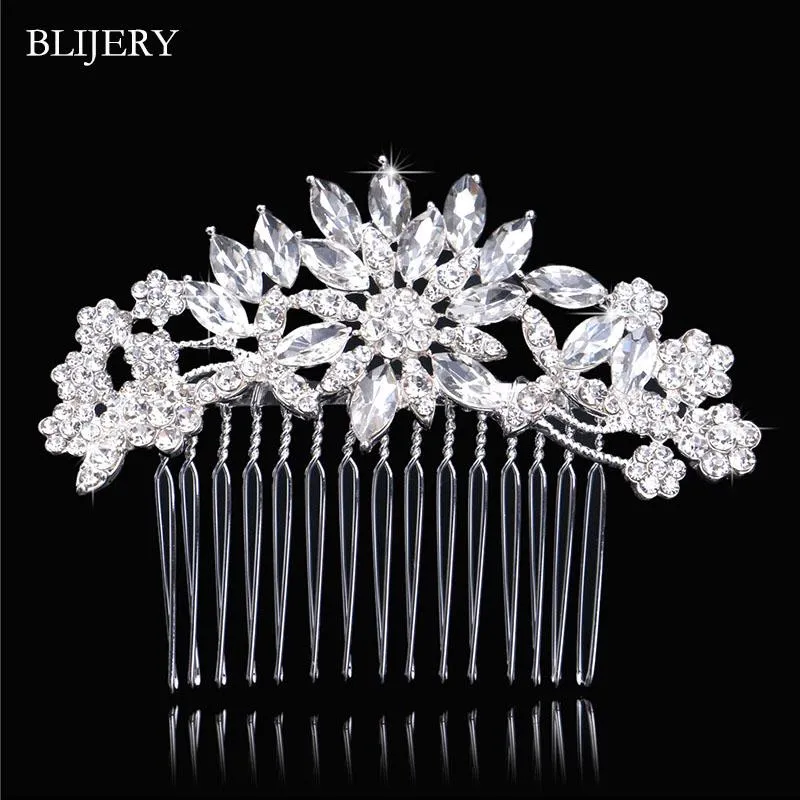 Pinces à cheveux Barrettes BLIJERY Sparkly Siver Couleur Strass Cristal Fleur Peignes De Mariée Pour Les Femmes De Mariage Épingles À Cheveux Bijoux Accessoires