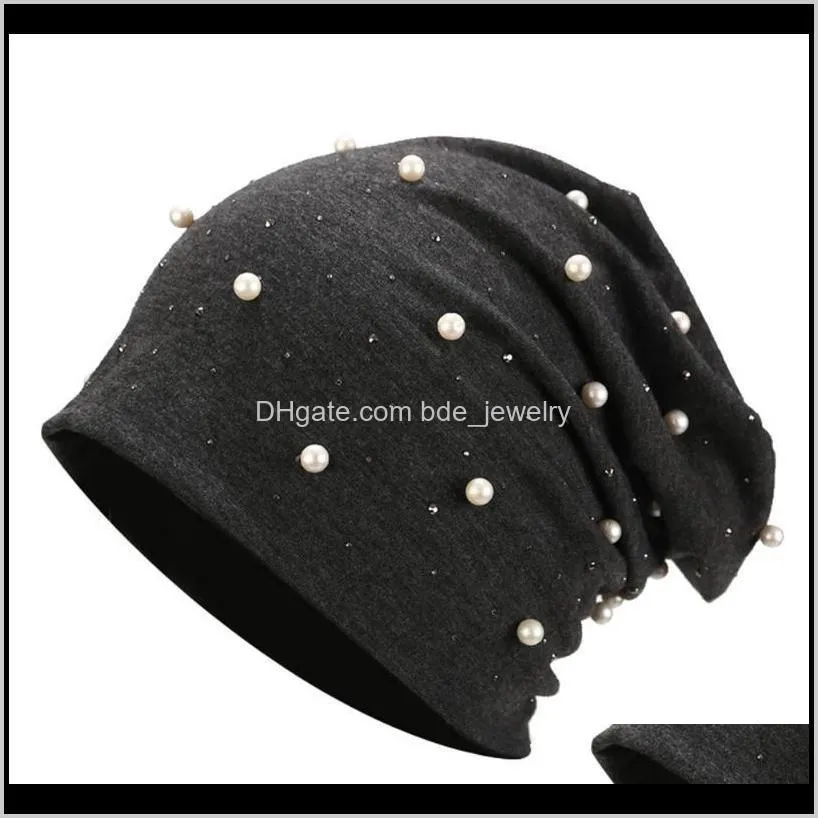women autumn beanie hat decoration cotton blend wrap casual adults elastic size shine pearls rhinestones elegant warm