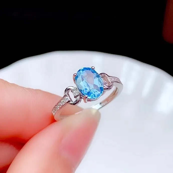 0.8ct 6mm*8mm 100% natural light blue topaz ring for daily wear fashion 925 silver gemstone jewelry