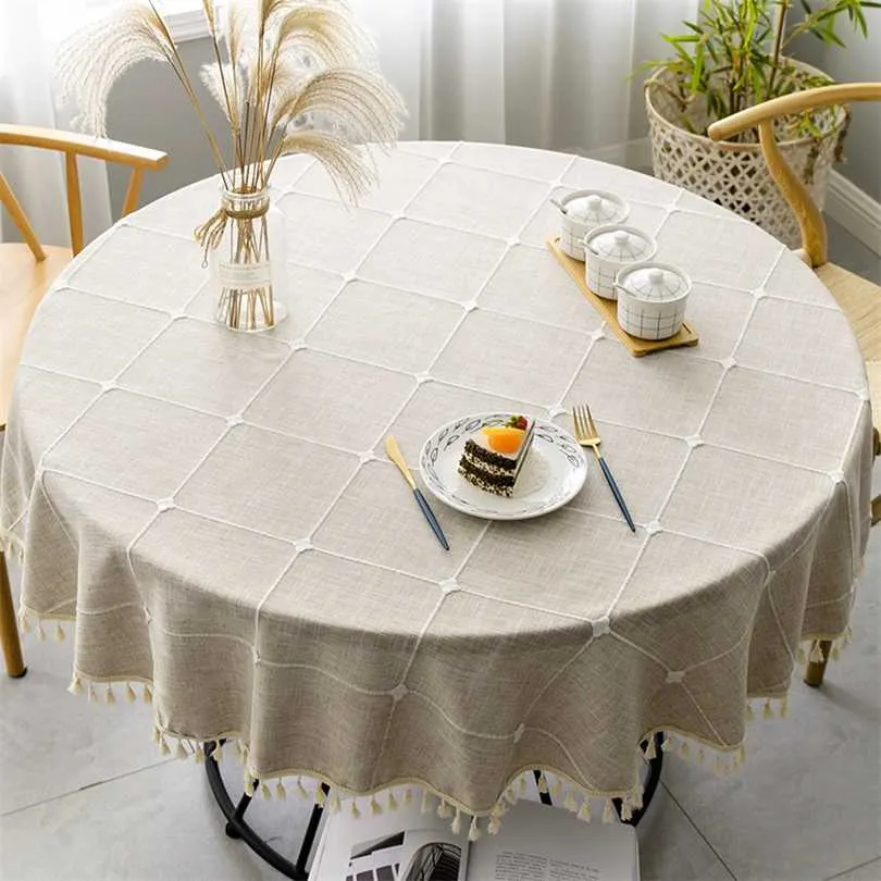 格子縞のコットンリネンラウンドテーブルクロスの結婚式のelの宴会の布屋内ダイニングルームのキッチン屋外装飾211103